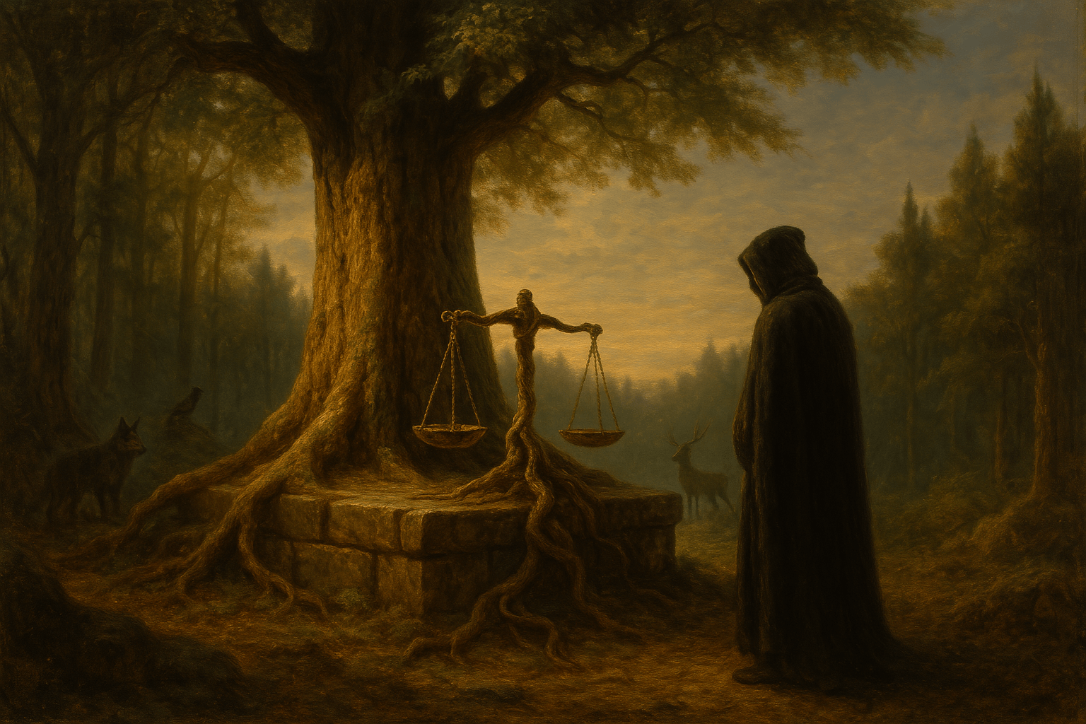 AI generated image of a hooded figure in the forest contemplating justice.